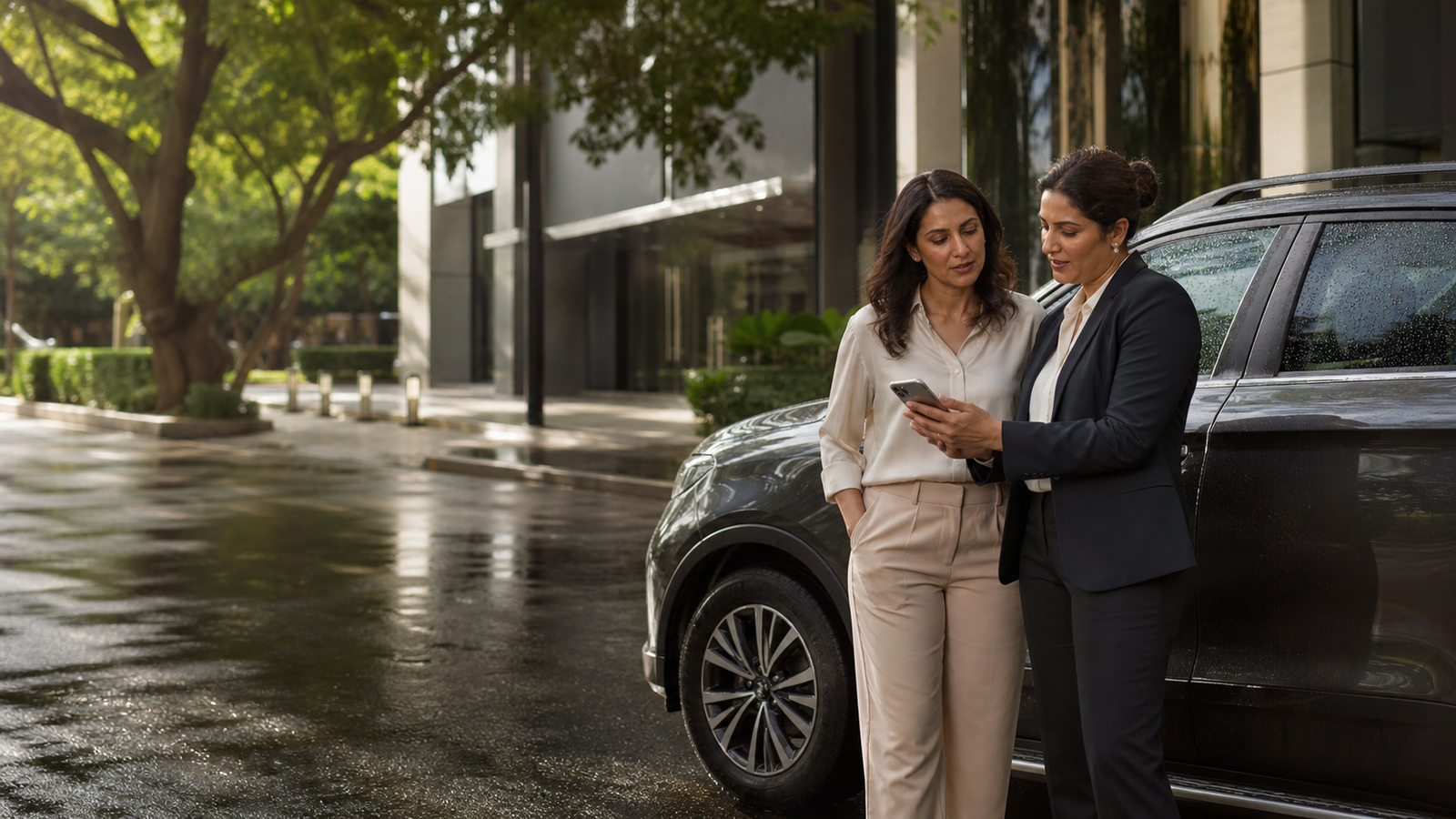 An insurance advisor helping a customer beside her car in Bengaluru