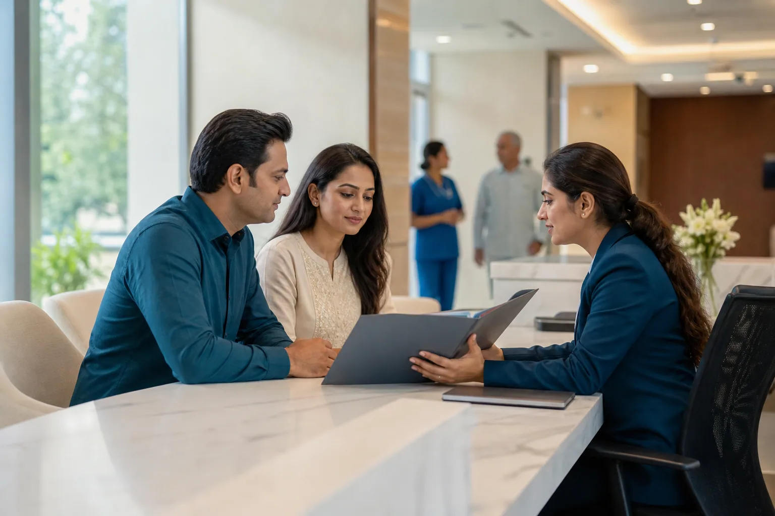 Family discussing cashless health insurance documents at a hospital desk