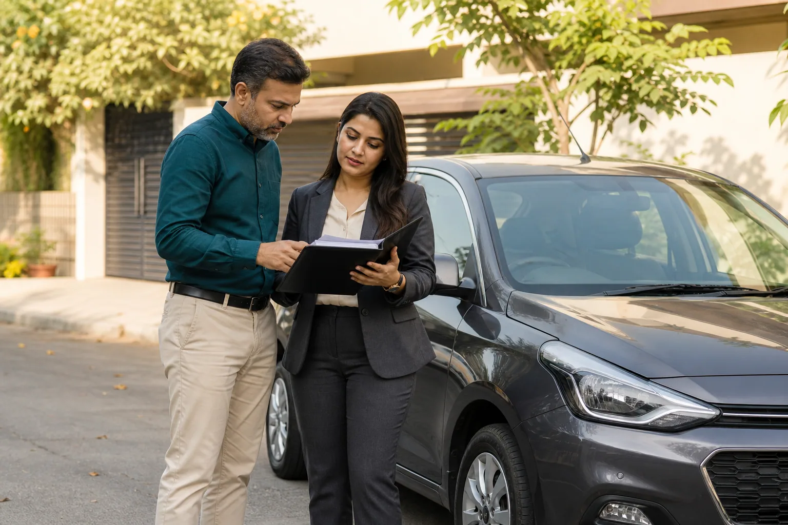 Car owner reviewing motor insurance documents with an advisor